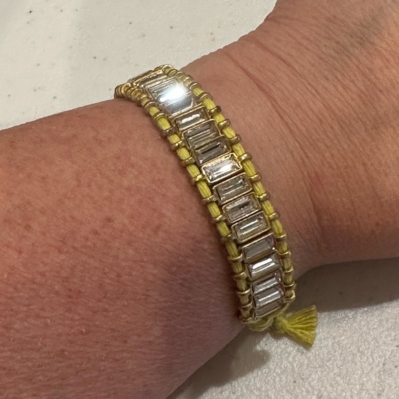 J. Crew Bracelet - yellow string adjustable w/ gold & clear baguette crystals - Picture 1 of 14